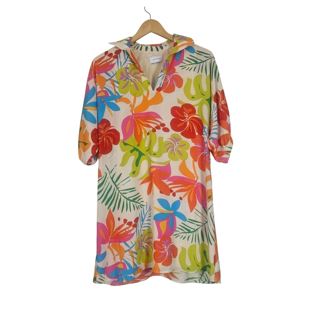 Adrienne Gardenscape Blakely Tropical Print Mini Dress 3/4 Sleeve Resort Size S